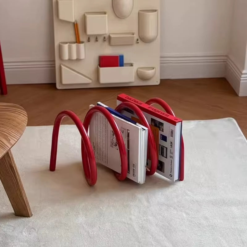 Creative Spring-Loaded Rotating Bookshelf INS Aesthetic Desktop Organizer Metal Office Book Holder Home Magazine Display Rack