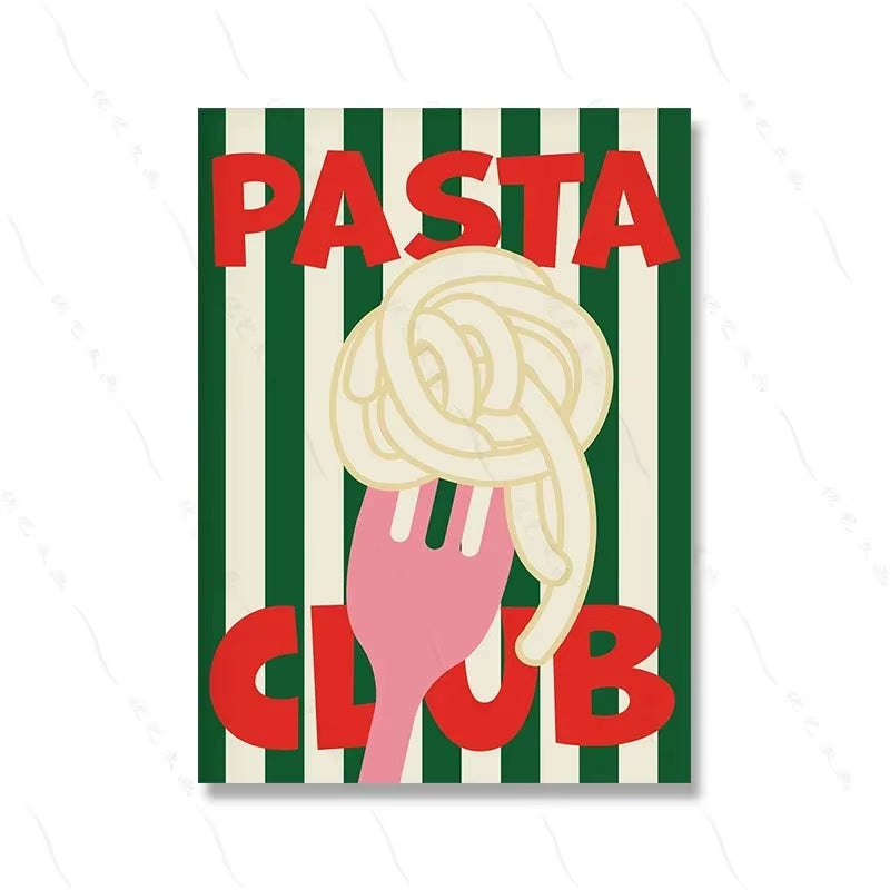 Pasta Club Color Food Art Poster Canvas Wall Print French Fries Kitchen Decor Unframed for Living Room Cafe Home