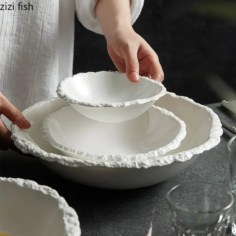 Simple White Ceramic Soup Bowl Kitchen Restaurant Special Tableware Creative Rock Texture Salad Bowl Noodles Bowls Dinner Plate