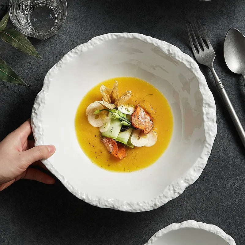 Simple White Ceramic Soup Bowl Kitchen Restaurant Special Tableware Creative Rock Texture Salad Bowl Noodles Bowls Dinner Plate