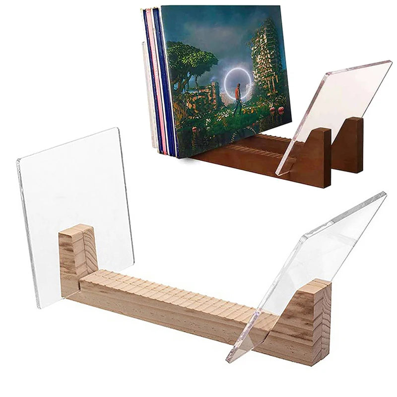 1PCS Vinyl Record Storage Holder Large Capacity Display Stand with Clear Acrylic Ends Modern Solid Wooden LP Album Deskop Rack