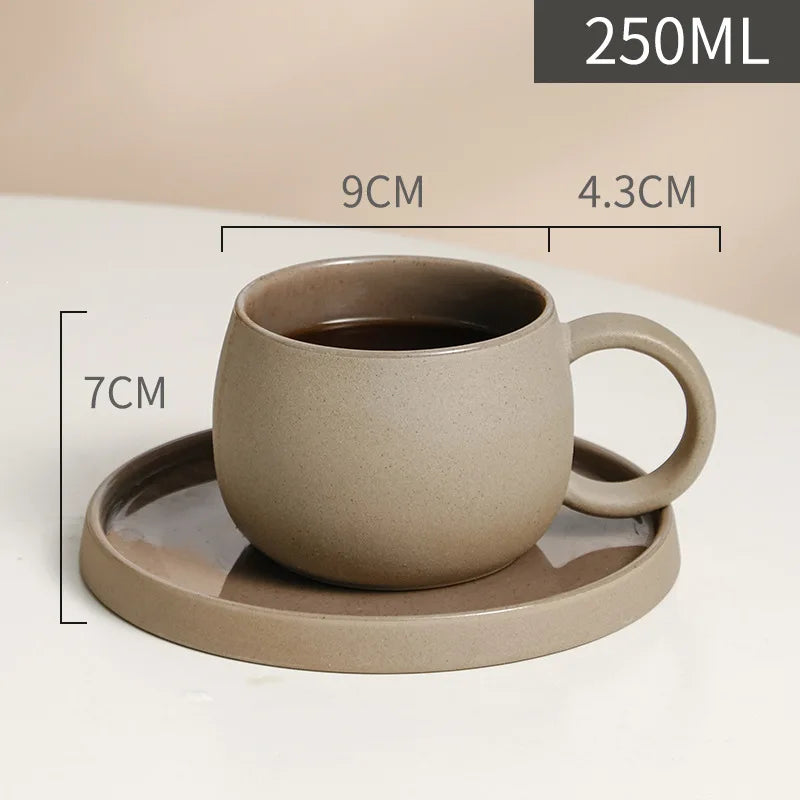 Retro Coarse Pottery Mug and Saucer Combination Japanese Coffee Cup Set Nordic Afternoon Tea Breakfast Cup Latte Coffee Mug