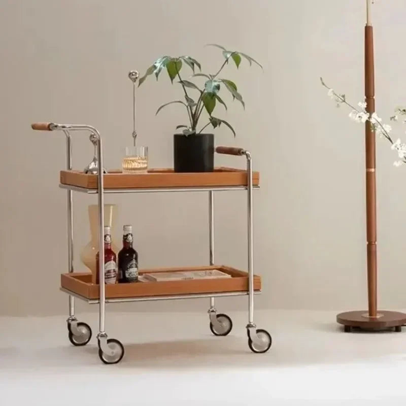 Retro Trolley Solid Wood Side Living Room Sofa Removable Coffee Table Storage Rack Dining Cart Bedside Solid Wood Coffee Tabless