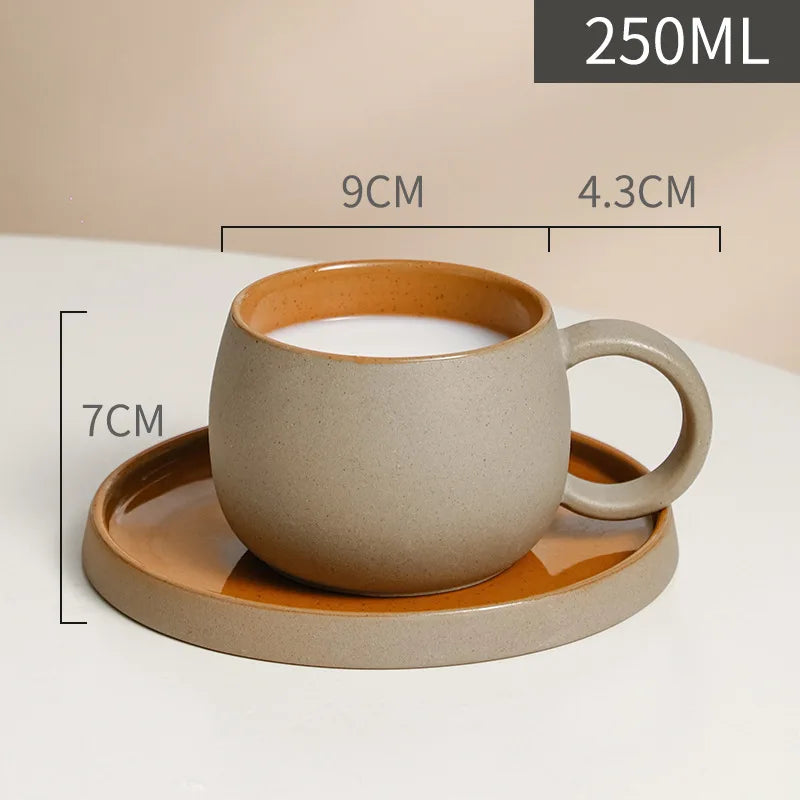 Retro Coarse Pottery Mug and Saucer Combination Japanese Coffee Cup Set Nordic Afternoon Tea Breakfast Cup Latte Coffee Mug