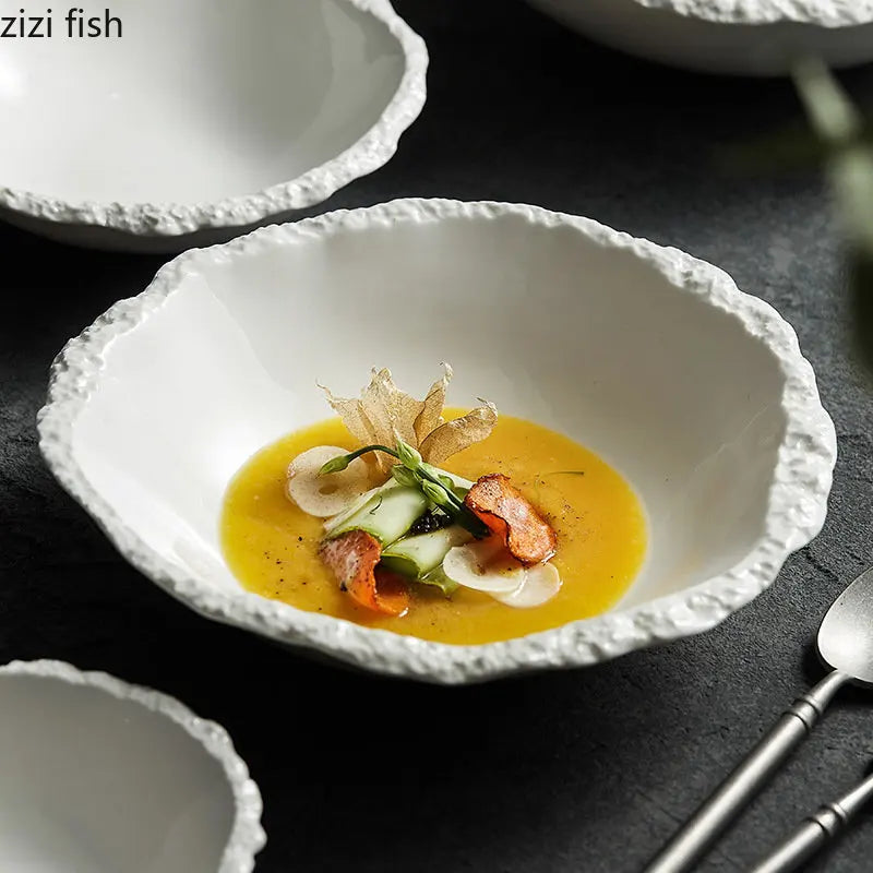 Simple White Ceramic Soup Bowl Kitchen Restaurant Special Tableware Creative Rock Texture Salad Bowl Noodles Bowls Dinner Plate