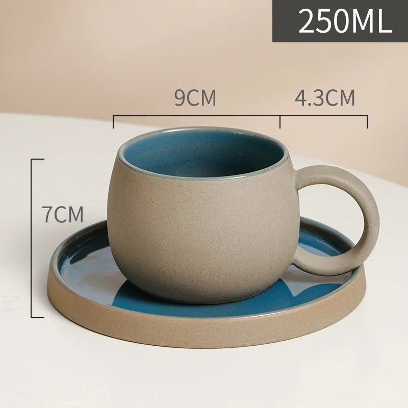 Retro Coarse Pottery Mug and Saucer Combination Japanese Coffee Cup Set Nordic Afternoon Tea Breakfast Cup Latte Coffee Mug