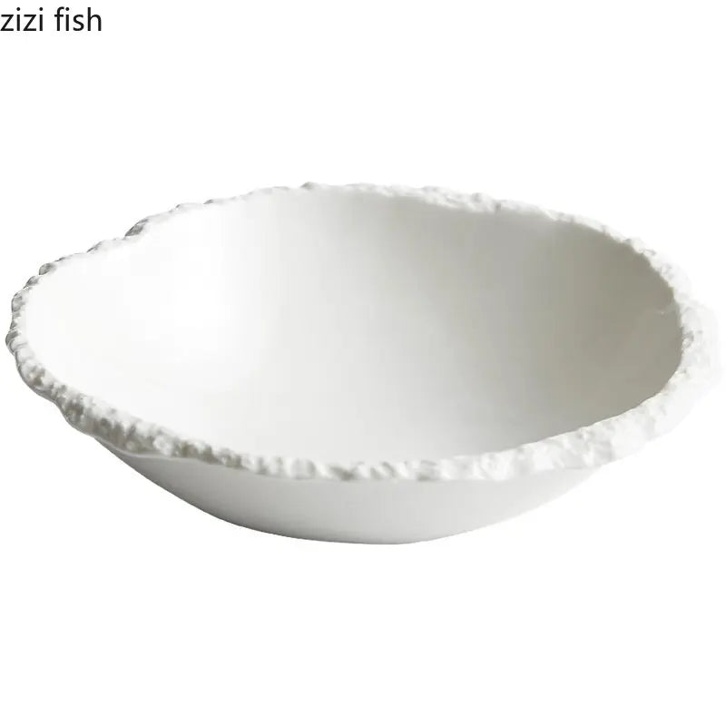 Simple White Ceramic Soup Bowl Kitchen Restaurant Special Tableware Creative Rock Texture Salad Bowl Noodles Bowls Dinner Plate