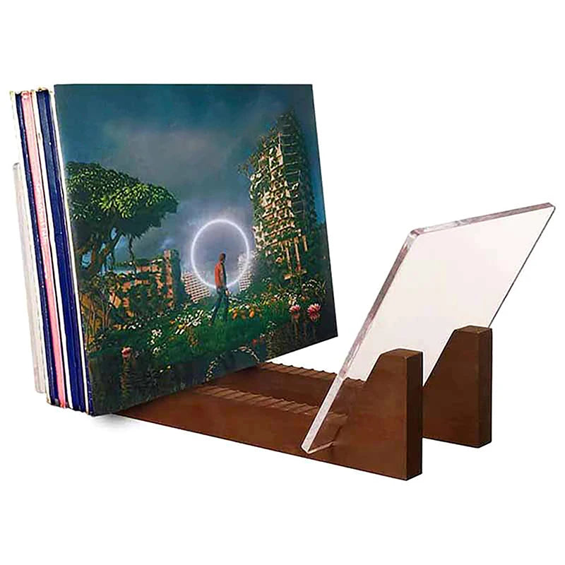 1PCS Vinyl Record Storage Holder Large Capacity Display Stand with Clear Acrylic Ends Modern Solid Wooden LP Album Deskop Rack