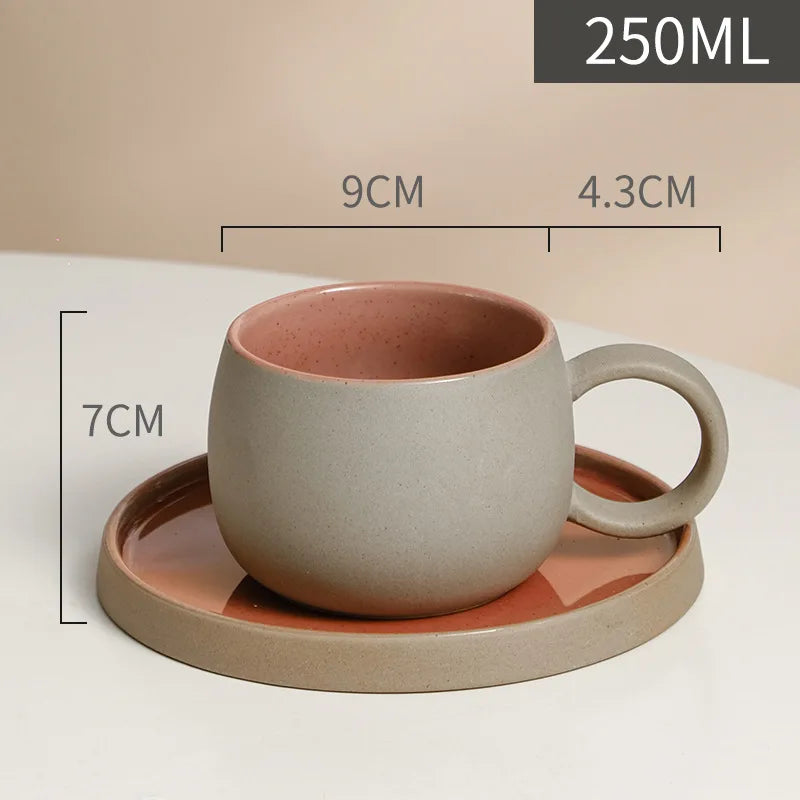 Retro Coarse Pottery Mug and Saucer Combination Japanese Coffee Cup Set Nordic Afternoon Tea Breakfast Cup Latte Coffee Mug